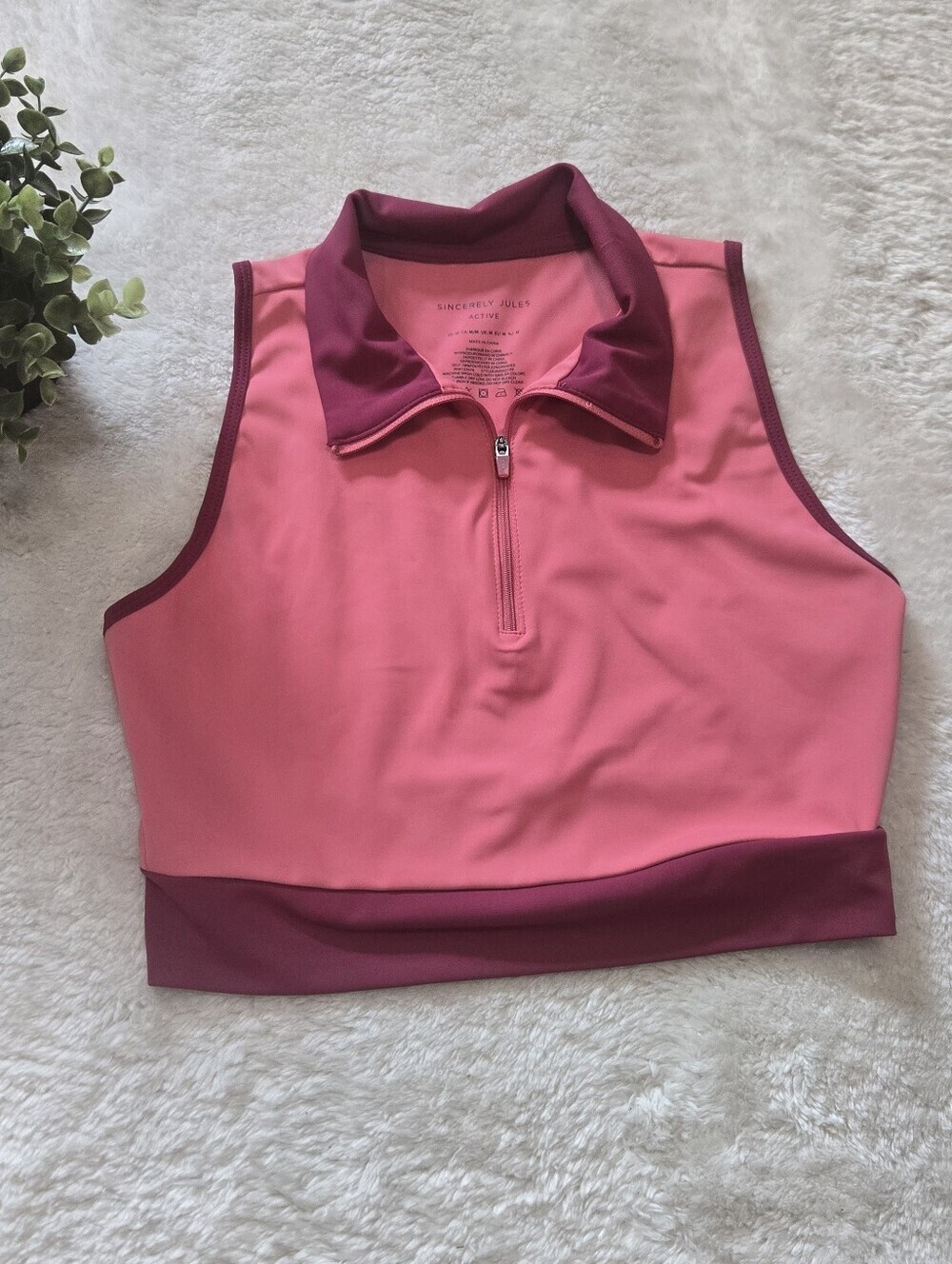 Sincerely Jules Pink Maroon Active Half-Zip Sleeveless Crop Polo Bra Top, Medium